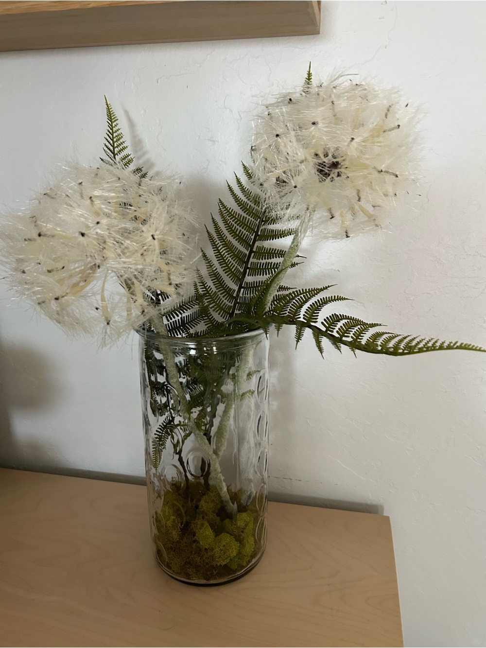 Neutral White faux Dandelion & Fern Arrangement vase moss whimsical boho rustic